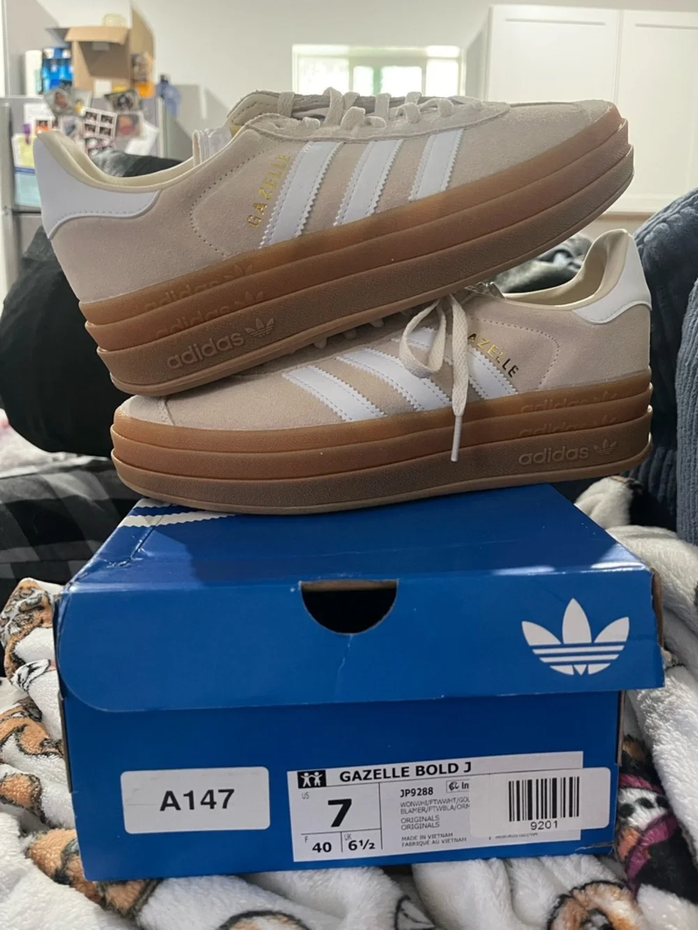 adidas Cream Suede Gazelle with White Stripes and Gum Sole - Picture 3 of 6